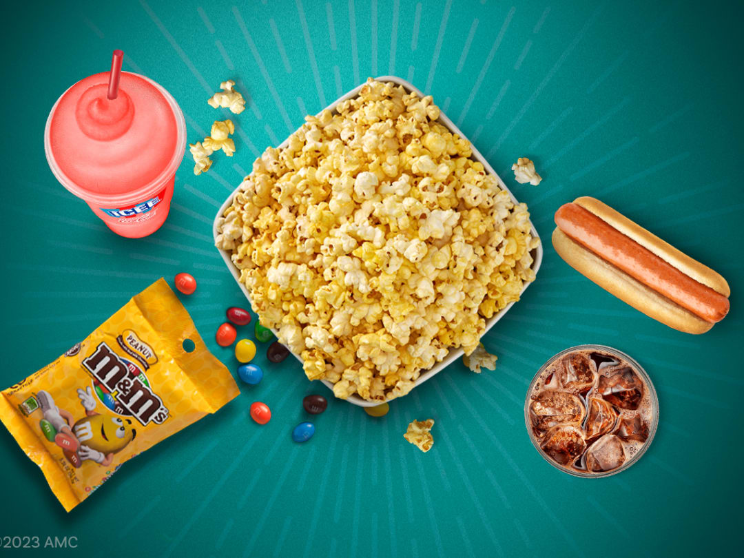 ICEE, popcorn, candy, hot dog, and fountain drink