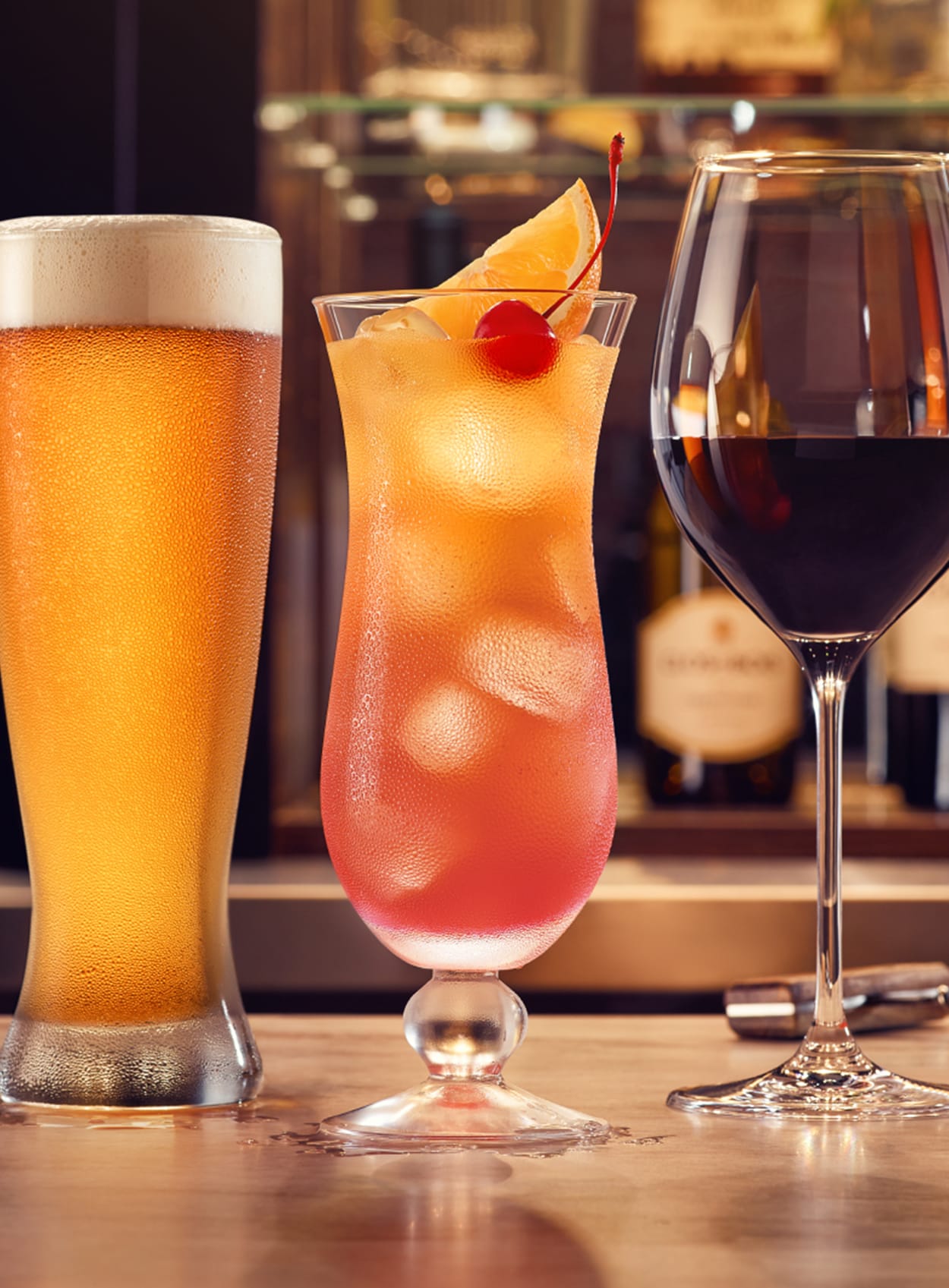 beer, cocktail, and wine