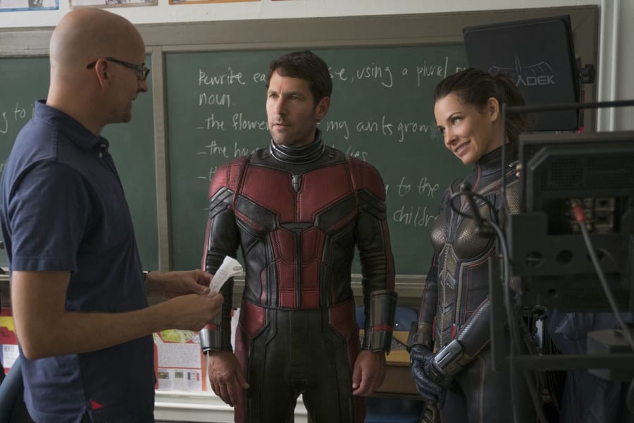 Peyton Reed Paul Rudd Evangeline Lilly on the Ant-Man and the Wasp set